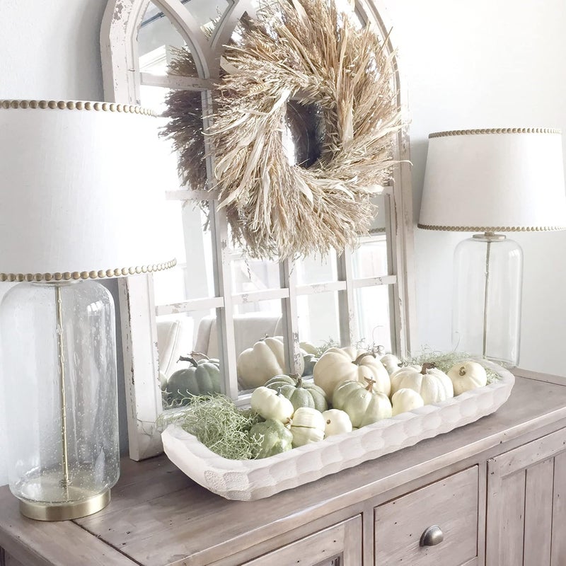 Oakrain Decorative Bowl for Home Decor, Long Dough Bowl with Hand Carved Irregular Texture, Unique Table Centerpieces, Wooden Home Decor Accents for Farmhouse Boho Rustic Style(16.1"x 5.5" Washed White) - Image 5
